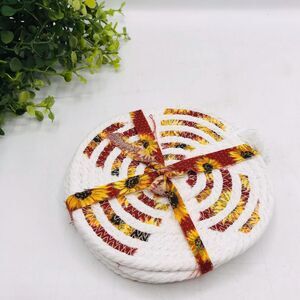 One Set of 4 Rope Coffee Coasters Cotton Metallic Sunflowers Cottage Core 4.25"